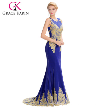 Грейс Карин 2016 элегантный рукавов Золотые аппликации бальное платье Королевский синий вечернее платье GK000026-4